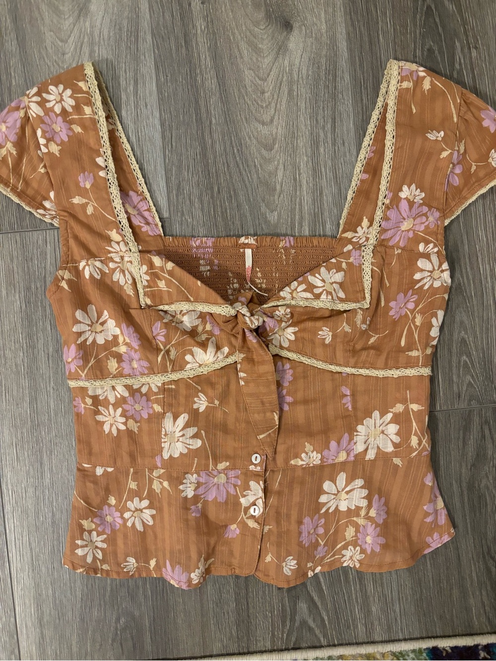 Free People Rust Floral Tie-Front Blouse with Lavender Accents